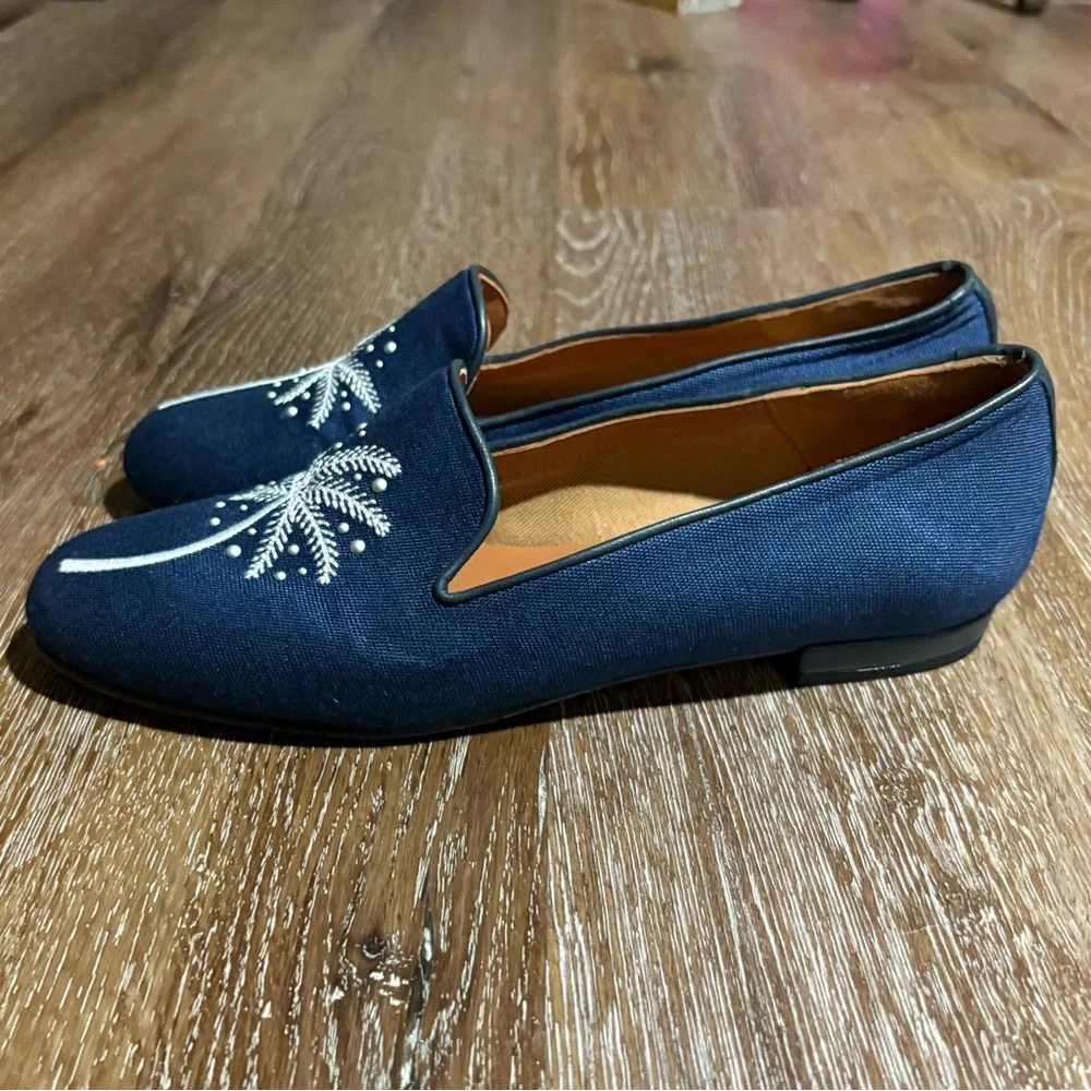 Jon Josef Spain Navy Palm Embellished Linen Loafer Slip On Size 7 Quiet Luxury